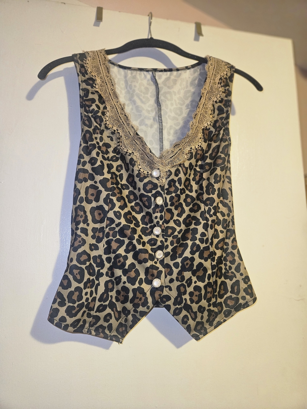 Leopard Print Lace-Trim Button Front Women's Tank Top - Brown
